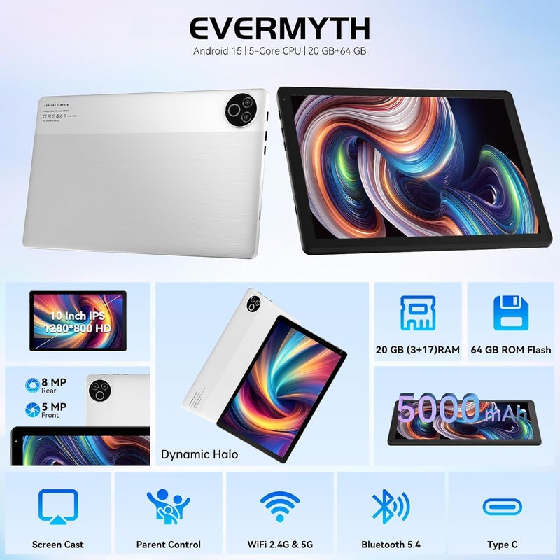 Evermyth تابلت 10 بوصة بنظام أندرويد 15 معتمد من GMS تابلت PC بسرعة 1.8 جيجاهرتز 5-نواة 20 (3+17) جيجابايت RAM 64 جيجابايت ROM قابل للتوسيع حتى 1 تيرابايت شاشة لمس HD IPS بدقة 1280x800 بطارية 5000 مللي أمبير واي فاي 6 بلوتوث 5.4 كاميرا مزدوجة 2025 (أبيض) - Image 2